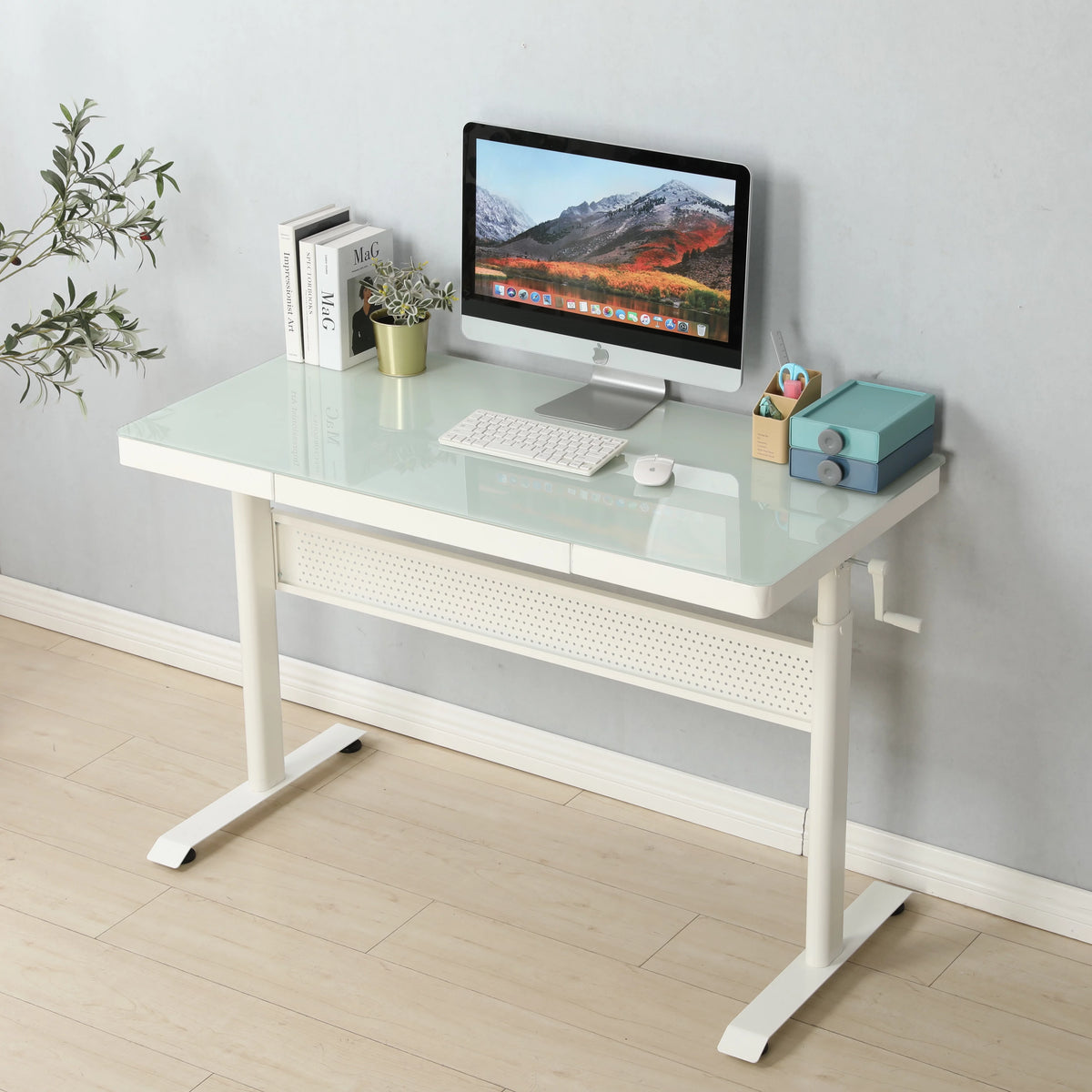 Tempered Glass Adjustable Height Standing Desk with Metal Drawer U30444
