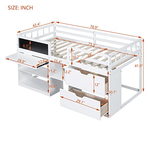 White Full Size Wood Loft Bed with Slide and Drawer Storage T708