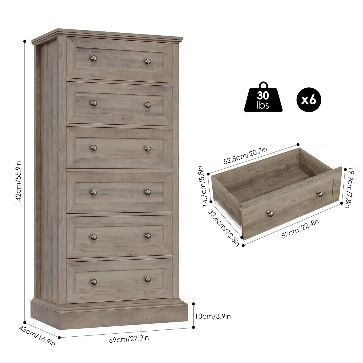Gray 6 Drawer Wood Dresser H849