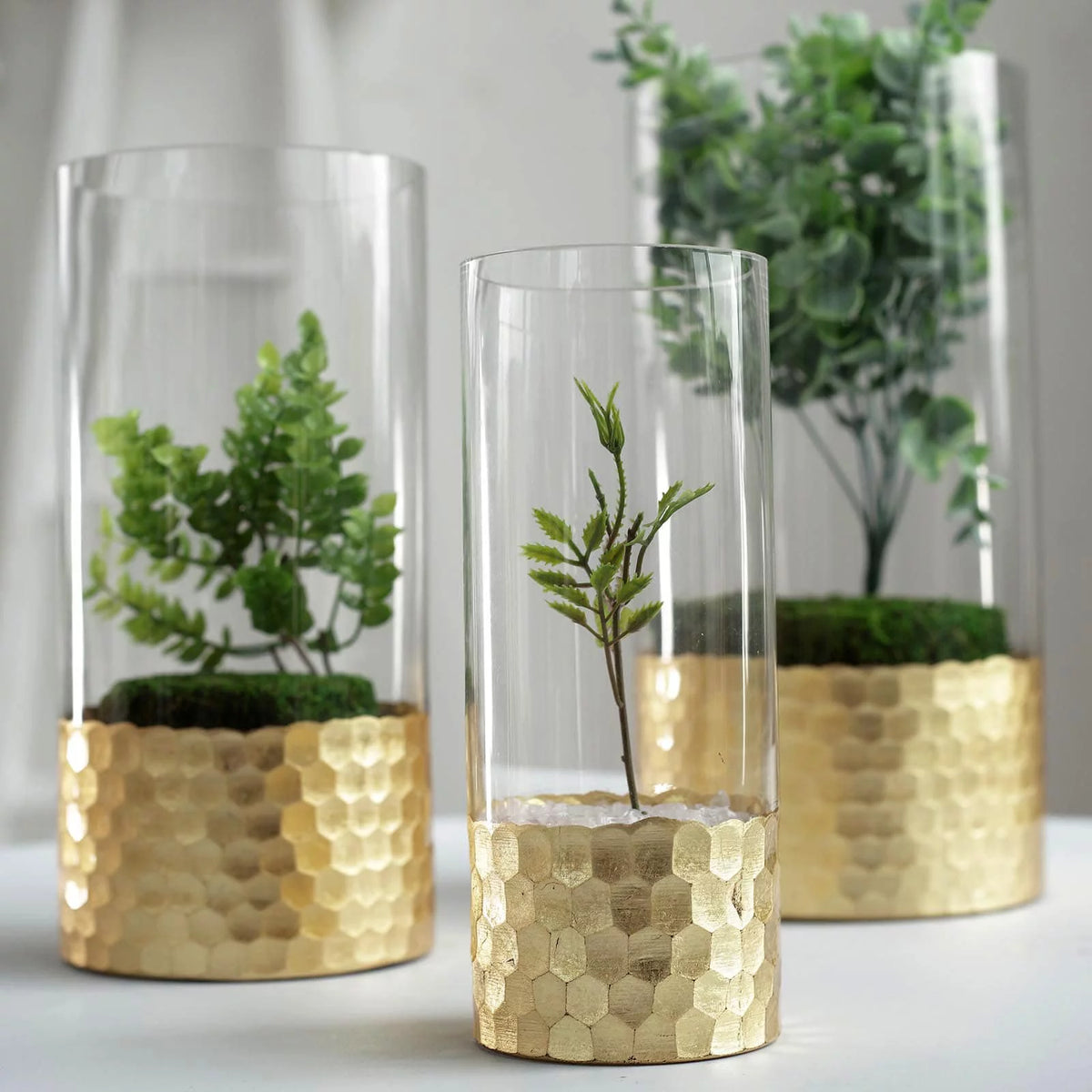 Set of 3 Glass Cylinder Vases with Gold Honeycomb Base W42653