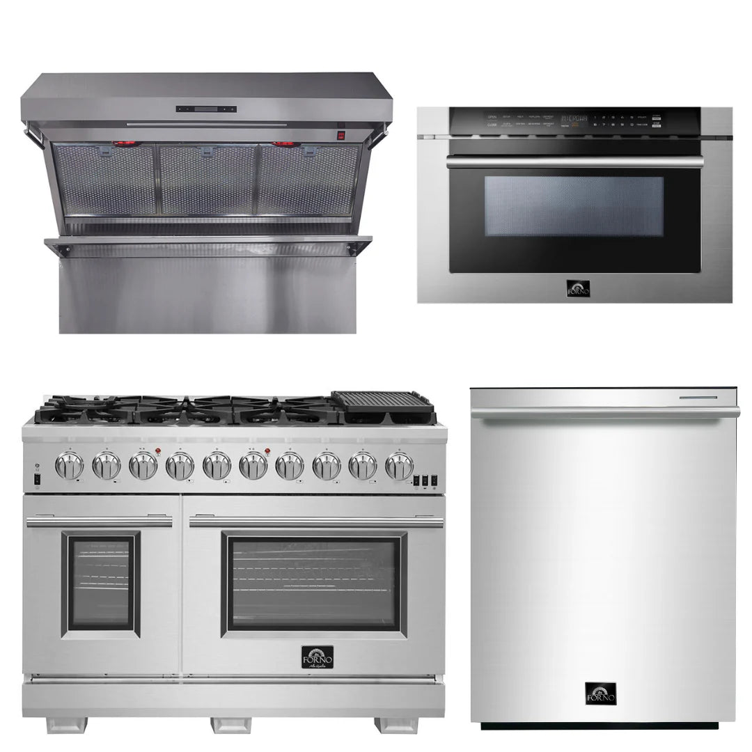 48 Inch Pro Gas Range, Wall Mount Range Hood, Microwave Drawer, Dishwasher T11950
