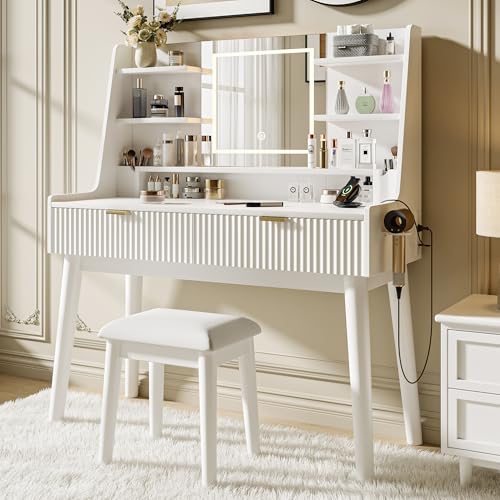 White Vanity Desk with Mirror and LED Lights Q306