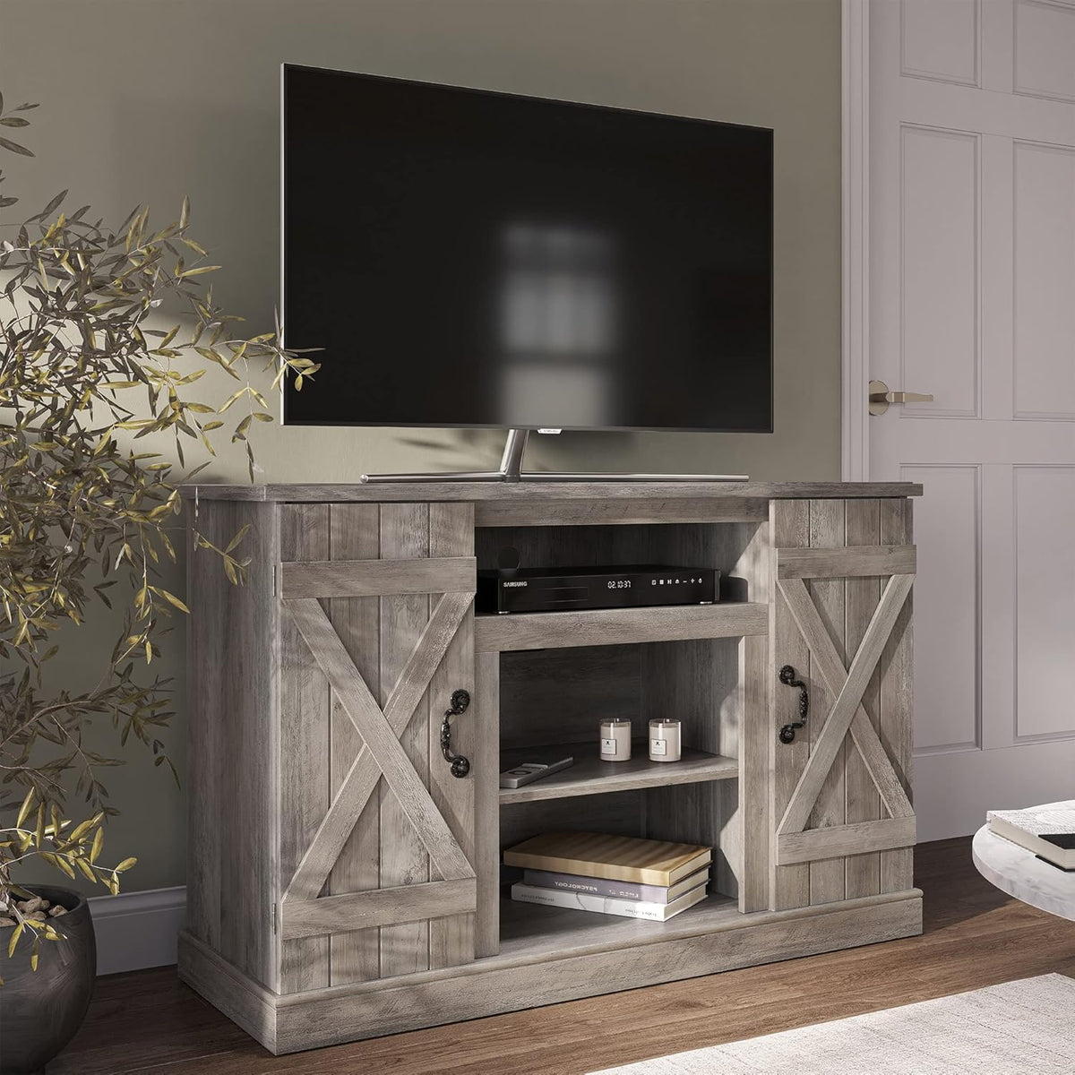 Rustic Wood TV Stand & Media Console Table with Storage Shelves & Cabinets I621386