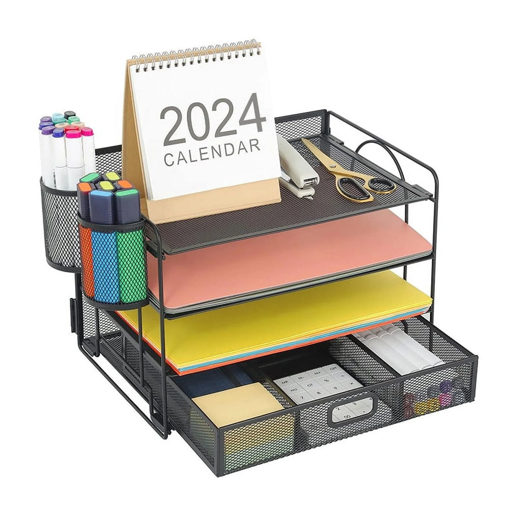 Black 4-Trays Mesh Desktop File Organizer with Drawer and Pen Holder T2759