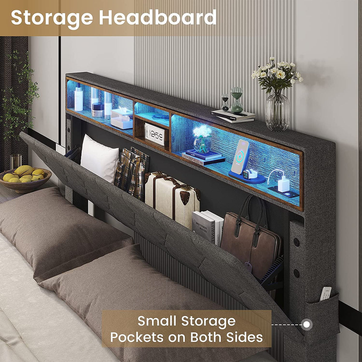 Full Size Platform Bed Frame with LED Headboard, Outlets and USB Ports, Dark Grey E154