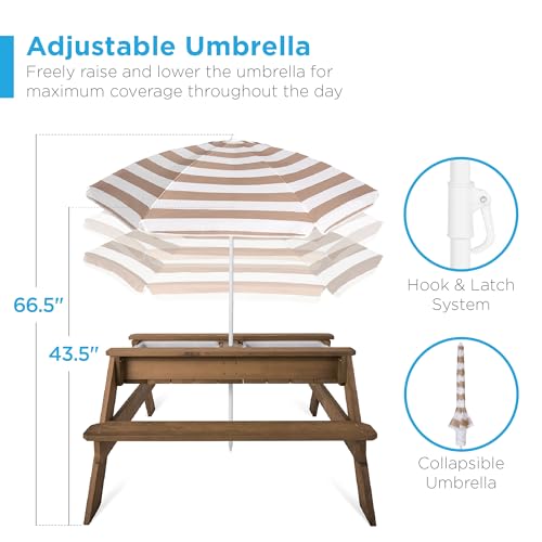 Kids 3-in-1 Sand & Water Table Wood Picnic Table with Umbrella F27085