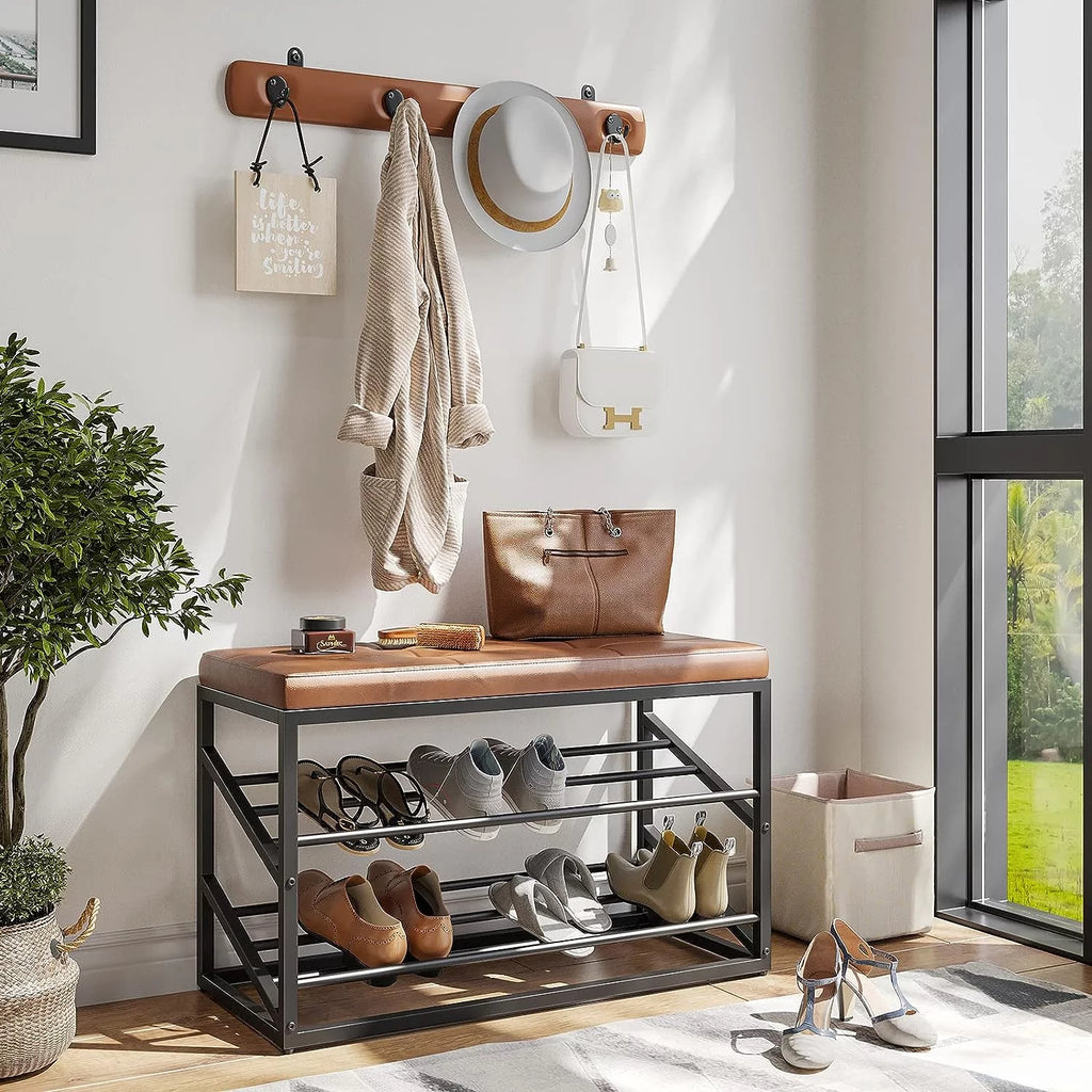 Brown Faux Leather Entryway Storage Bench with 4 Hooks S10704