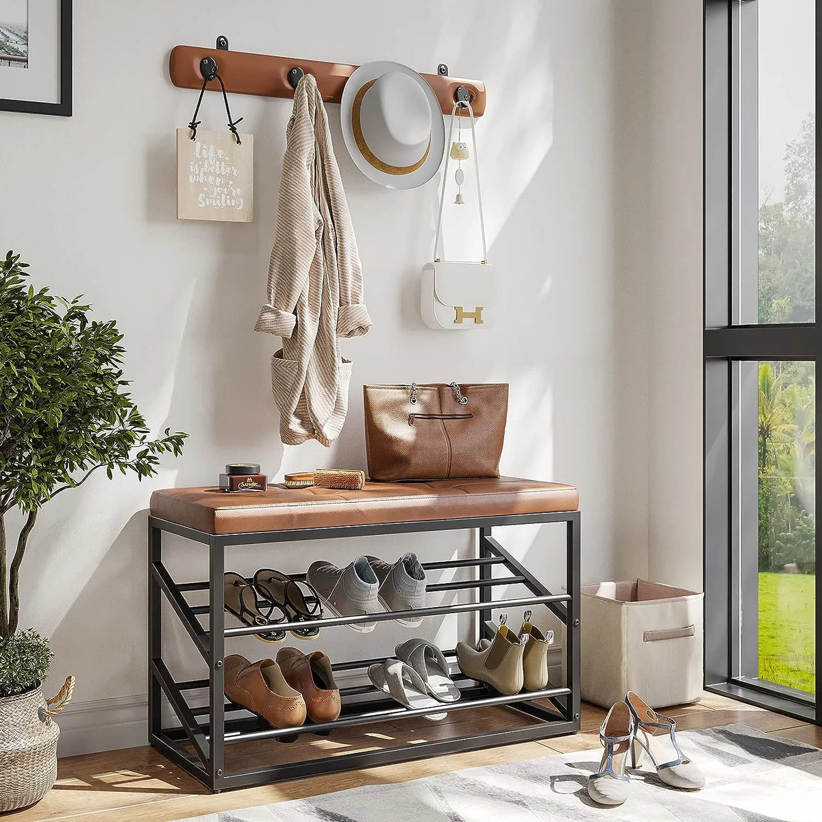 Brown Faux Leather Entryway Storage Bench with 4 Hooks S10704