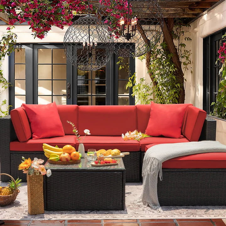 5 Pieces PE Rattan Wicker Patio Sectional Set with Table N20693
