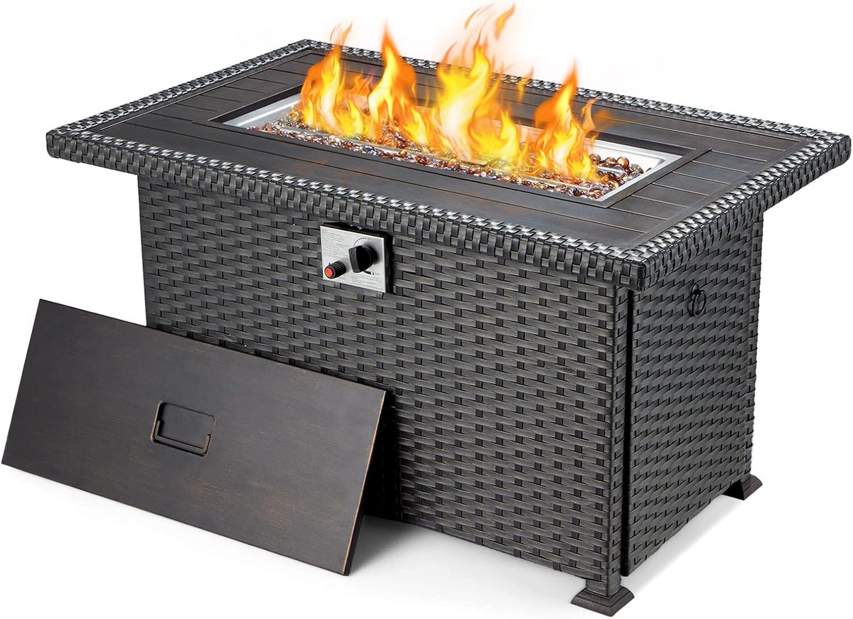 44in Propane Fire Pit Table with Lid Cover Glass Beads M958528