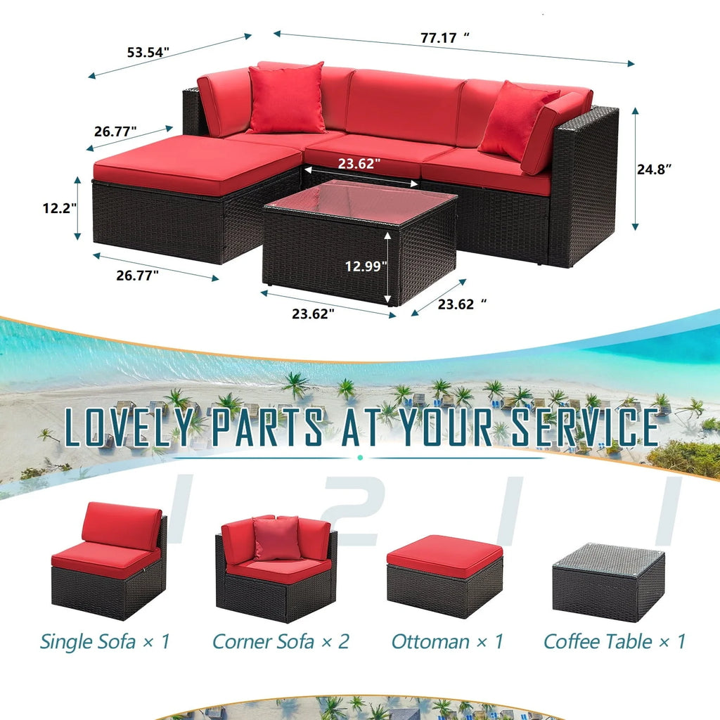 5 Pieces PE Rattan Wicker Patio Sectional Set with Table N20693