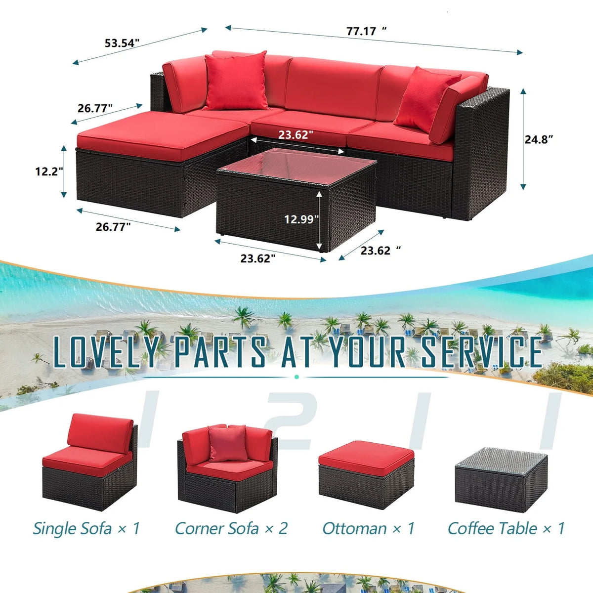 5 Pieces PE Rattan Wicker Patio Sectional Set with Table N20693