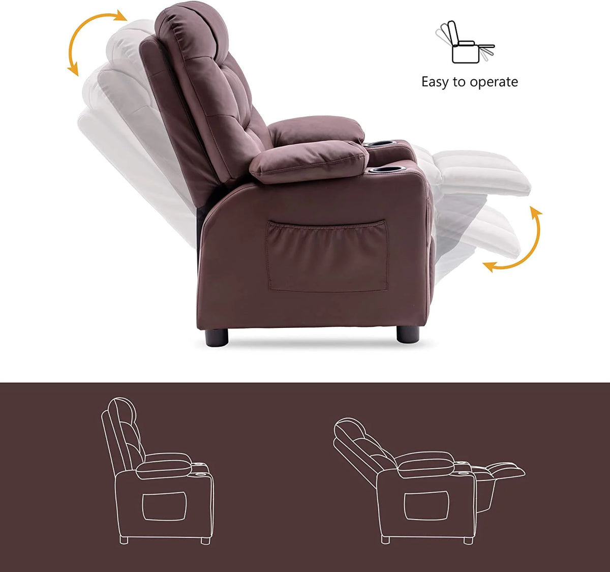 Light Brown Faux Leather Kids Recliner Chair with Cup Holders I6869