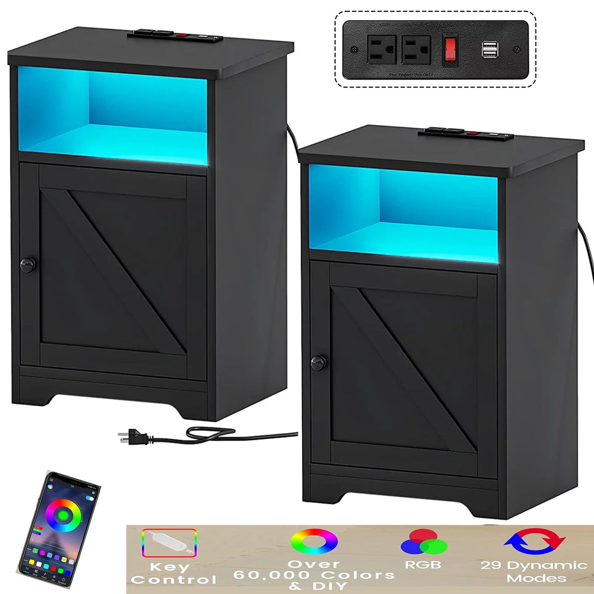 Black Set of 2 Nightstand with Outlets USB Ports LED Lights and 2 Fabric Drawers B529