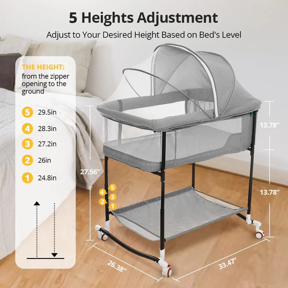 4 in 1 Adjustable Baby Bassinet with Changing Table, Storage Basket, Wheel, Mosquito Net B9678