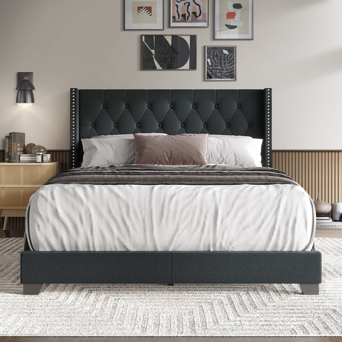 Blue Linen Upholstered Wingback Bed M1022