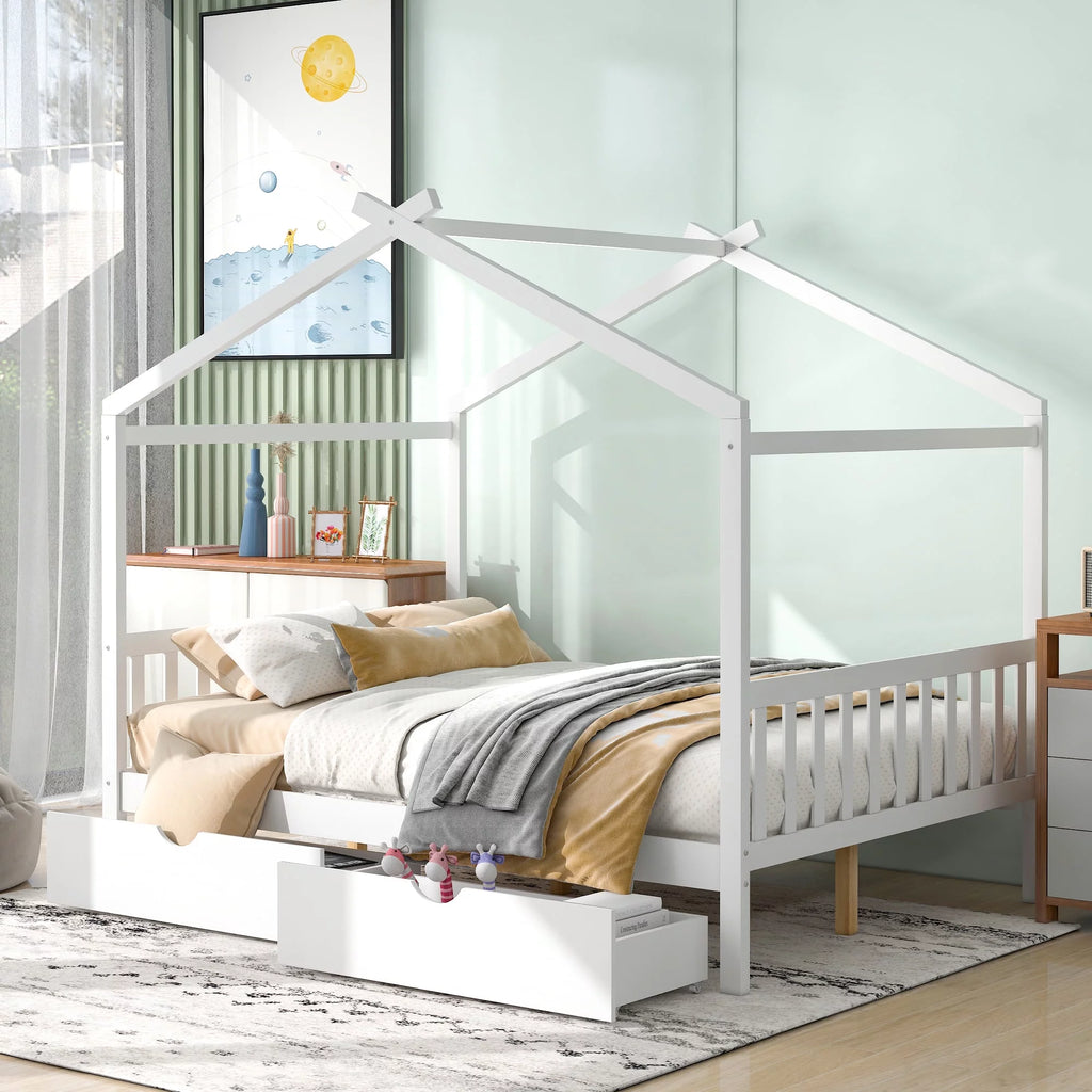 White Full Size Platform Bed with Two Drawers S230