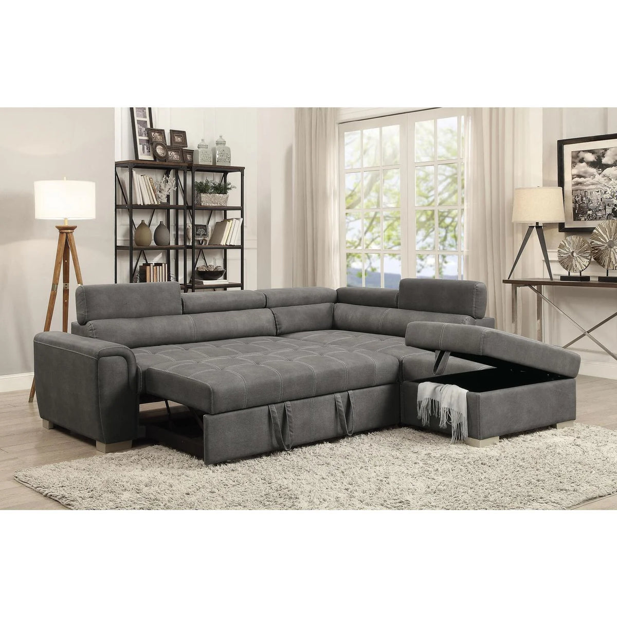 Gray Microfiber Sectional Sleeper Sofa and Ottoman K982
