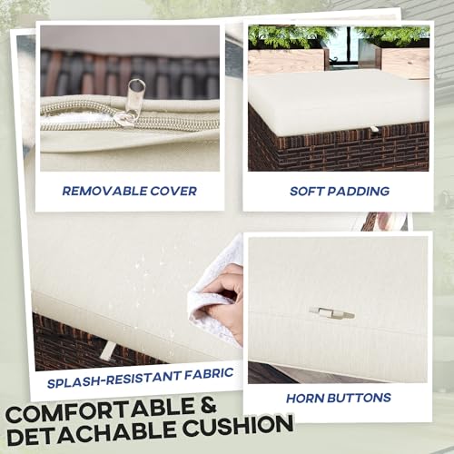 2 Pieces Cream White Wicker Outdoor Ottomans with Removable Cushions J549885