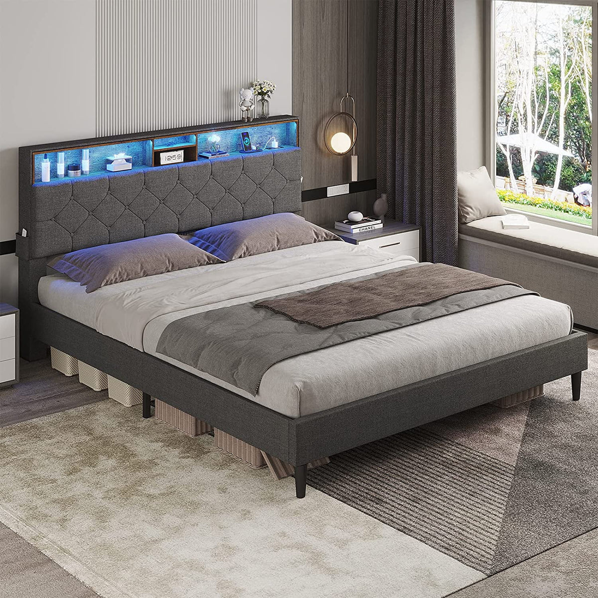 Full Size Platform Bed Frame with LED Headboard, Outlets and USB Ports, Dark Grey E154