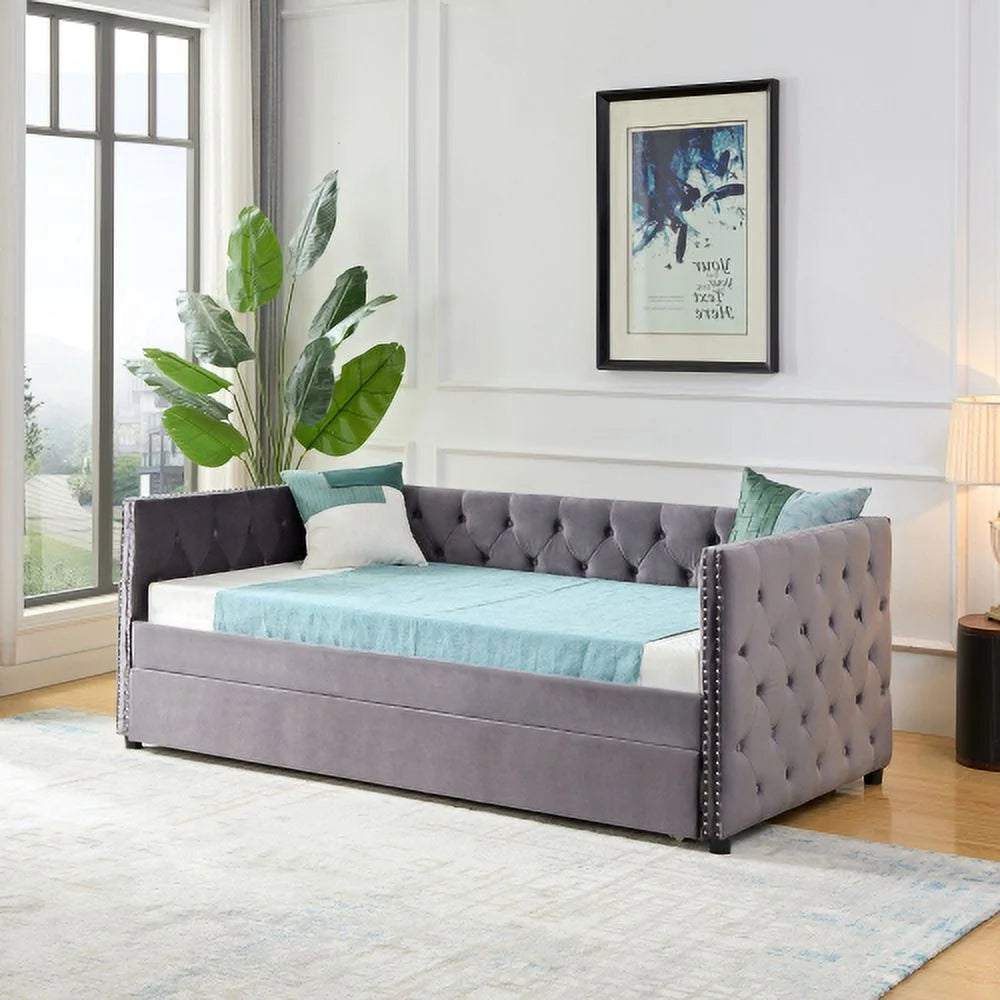 Grey Velvet Upholstered Daybed with Trundle V66092