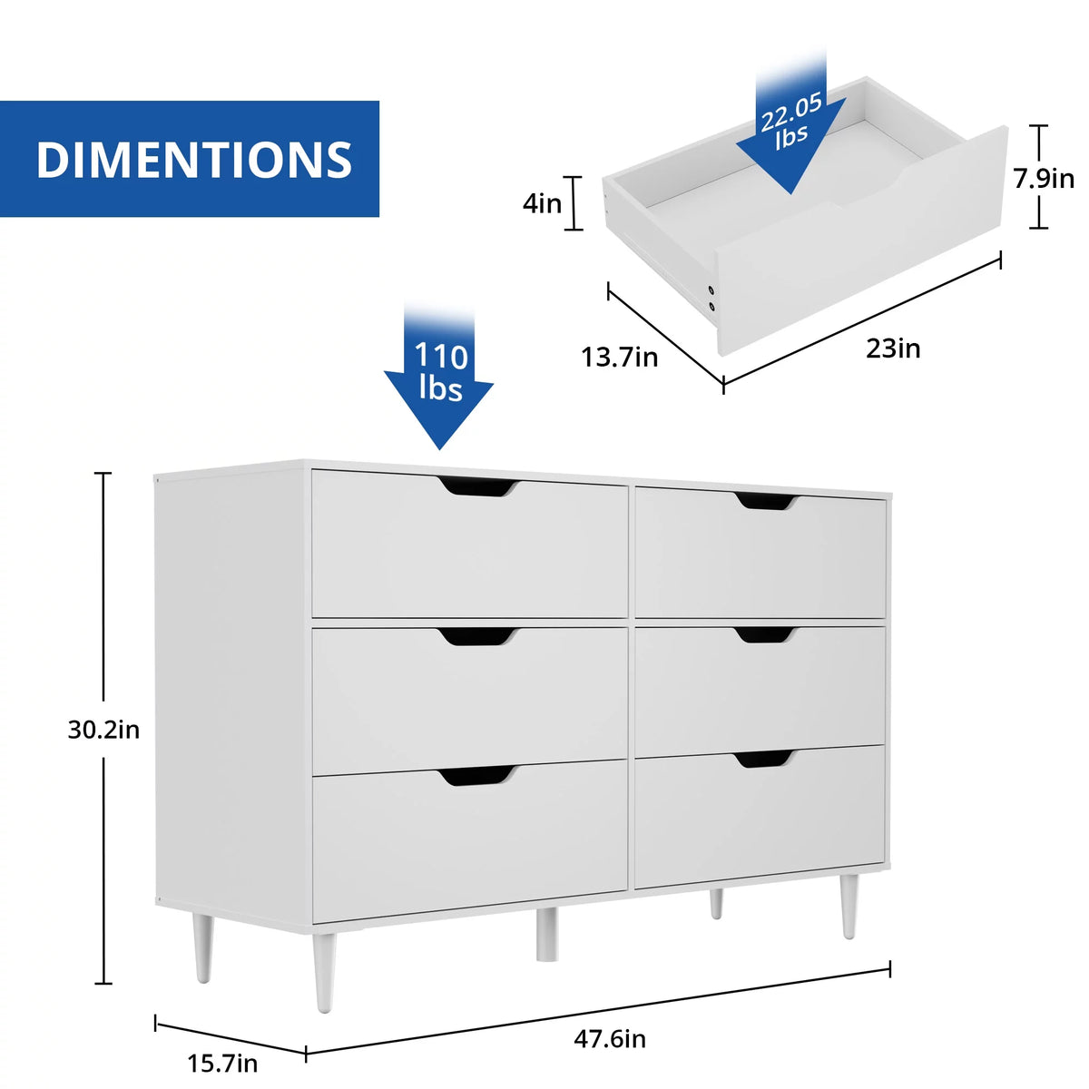 White 6 Drawer Dresser W7081