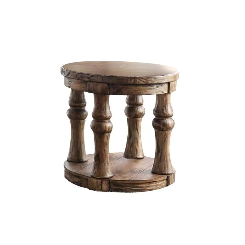 Round Wooden End Table with Open Shelf Antique Oak F27483