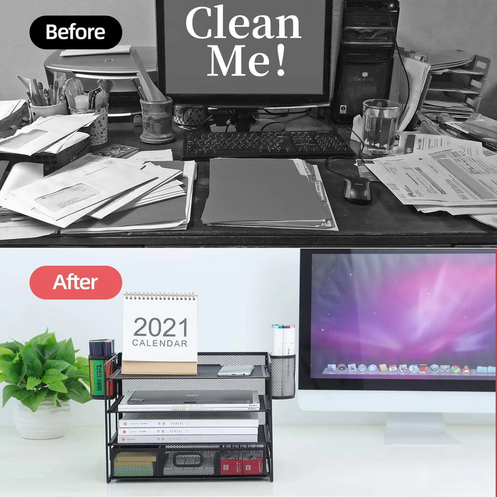 Black 4-Trays Mesh Desktop File Organizer with Drawer and Pen Holder T2759