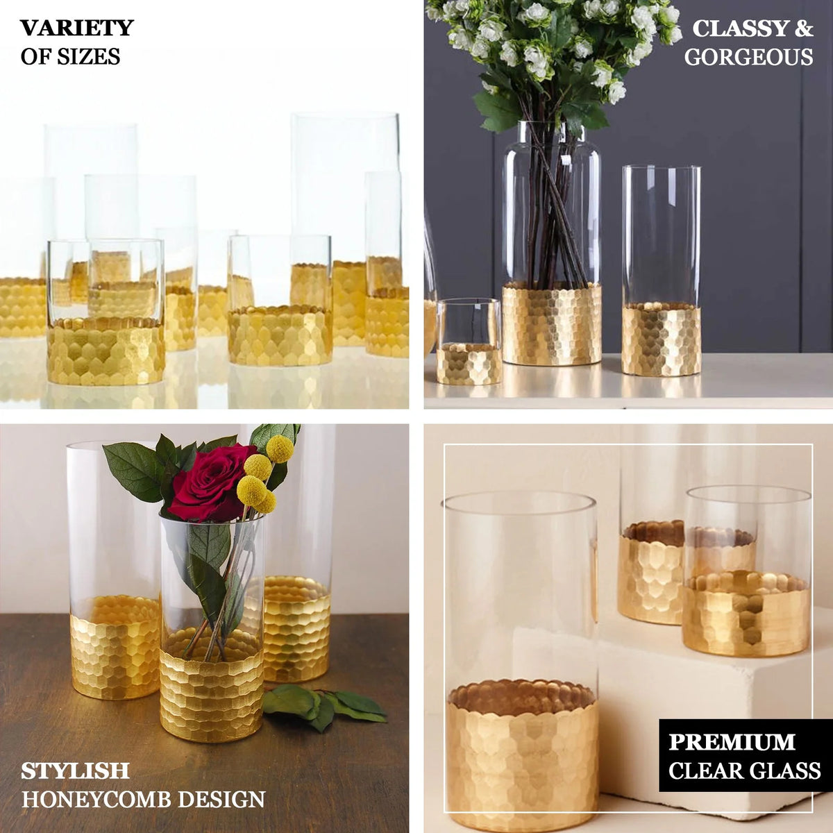 Set of 3 Glass Cylinder Vases with Gold Honeycomb Base W42653