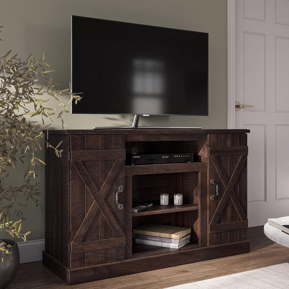 Rustic Wood TV Stand & Media Console Table with Storage Shelves & Cabinets I621386