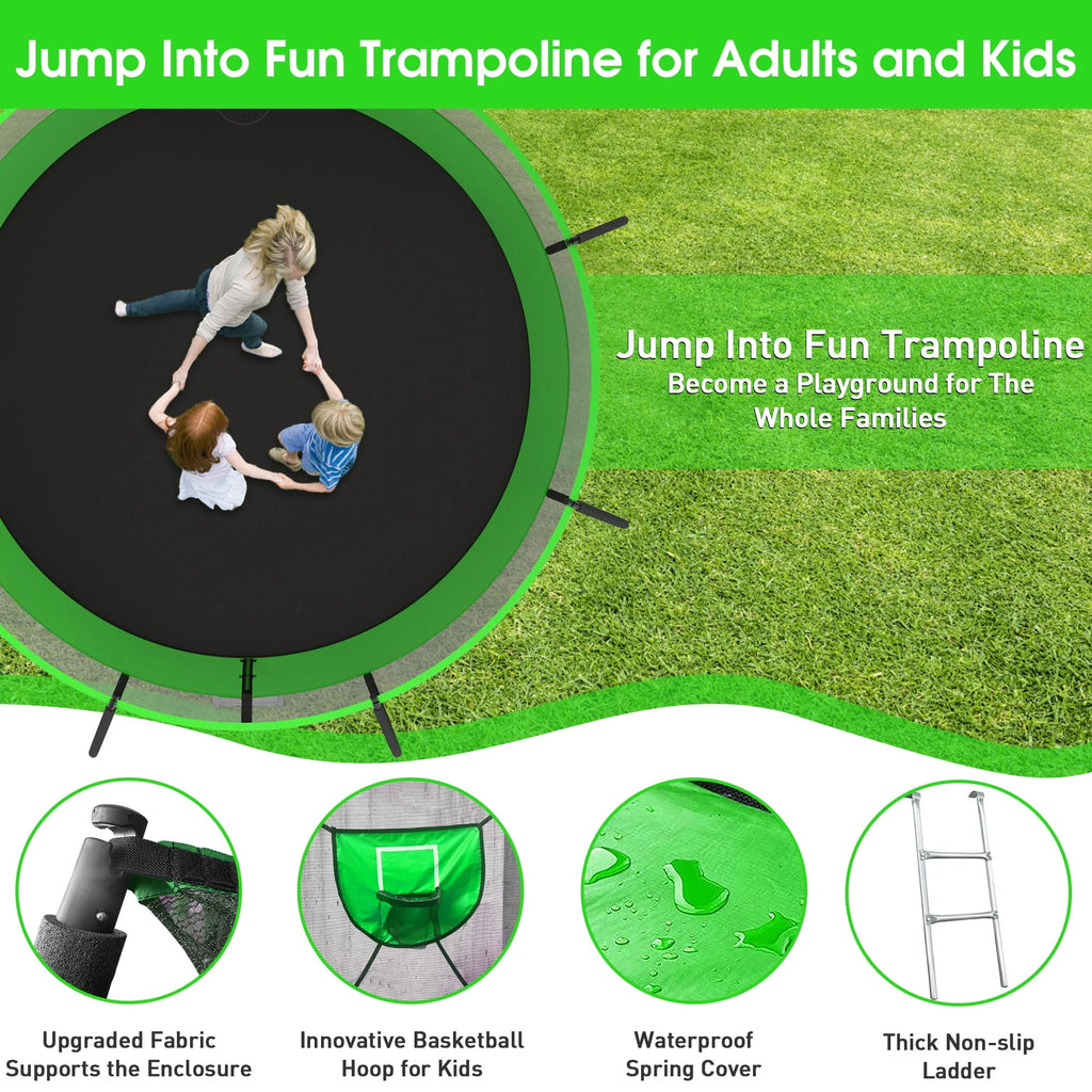 12FT 14FT Trampoline with Enclosure, Basketball Hoop, LED Light and Sprinkler L67613