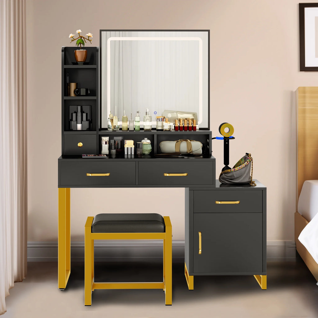 Black Makeup Vanity with Mirror, Lights and Drawers O128800