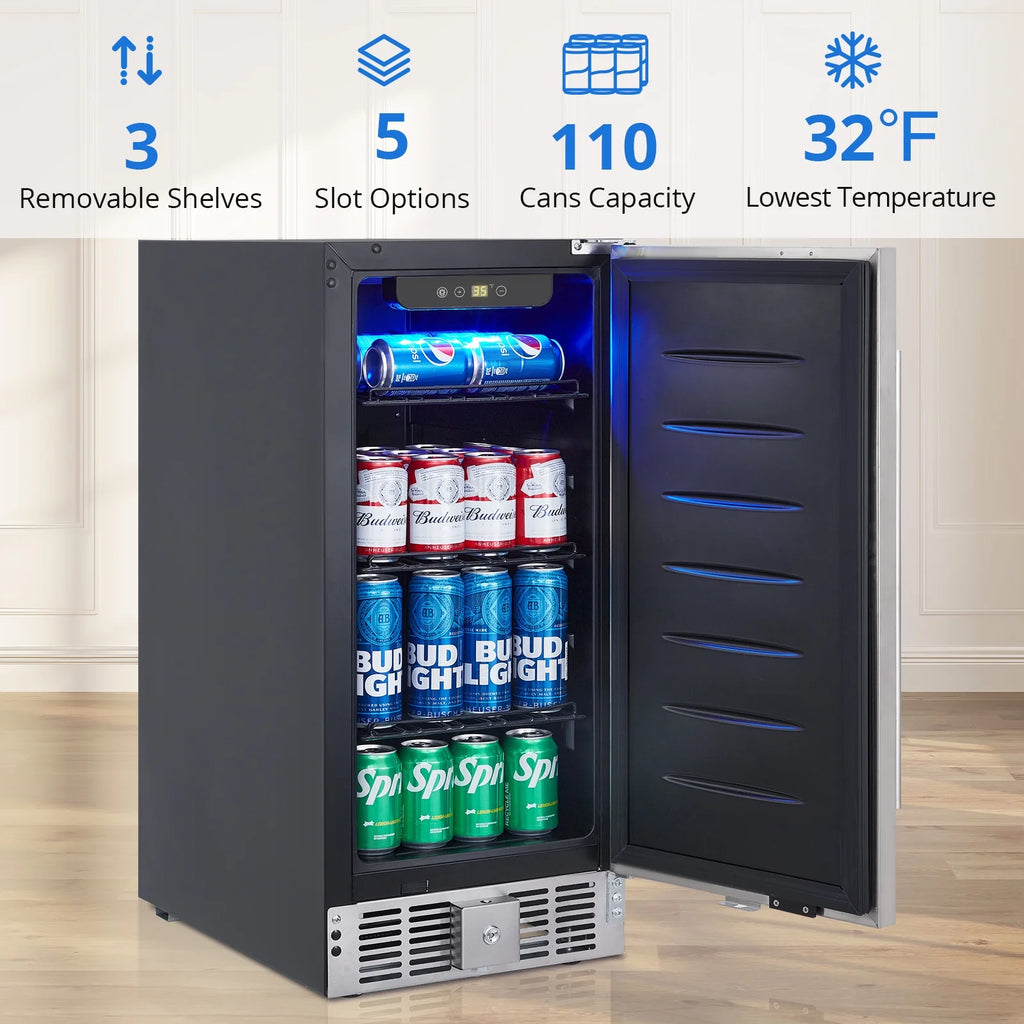 15 Inch Weather Proof Stainless Steel Beverage Refrigerator 110 Cans I784