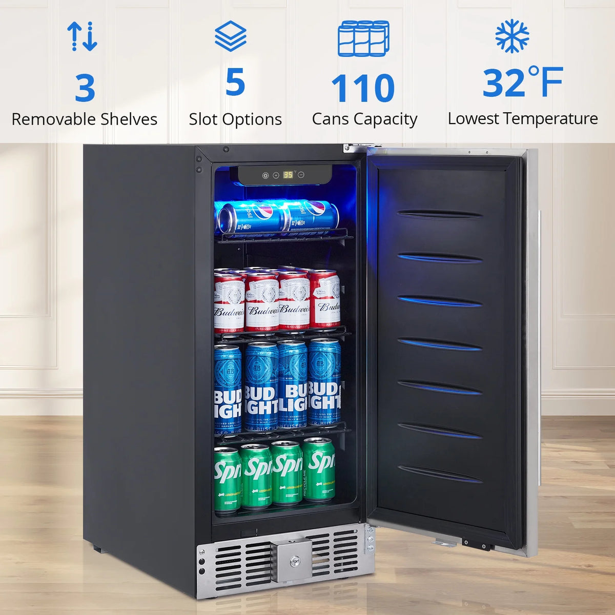 15 Inch Weather Proof Stainless Steel Beverage Refrigerator 110 Cans I784
