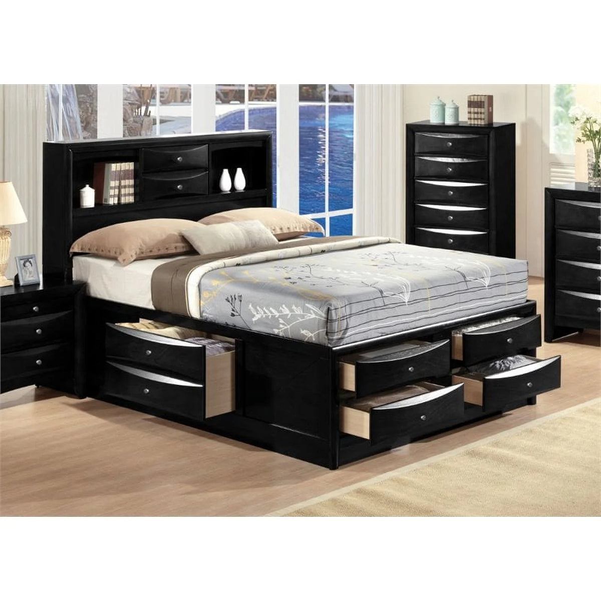 Queen Size Bed with Storage and Headboard Bookcase in Black A401512