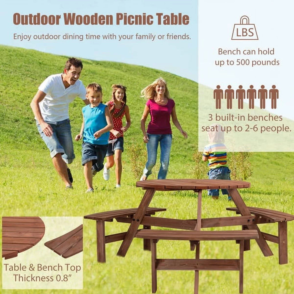 6-Person Circular Wooden Picnic Table with 3 Built-in Benches Z70216