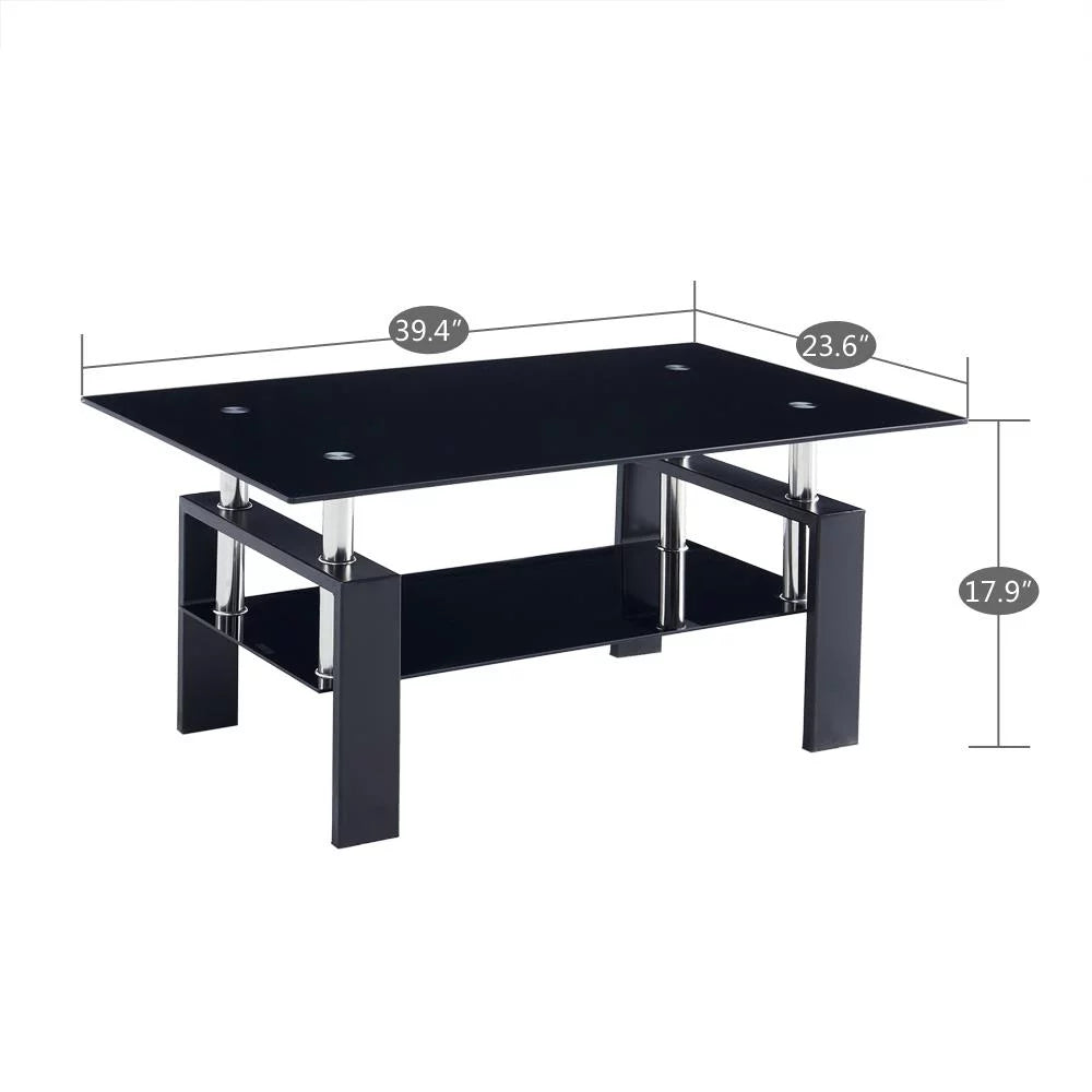 Rectangle Glass Coffee Table with Lower Shelf Metal Legs Z88644