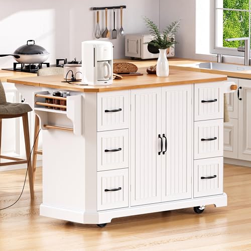 White Rolling Kitchen Storage Island with Power Outlet O1671