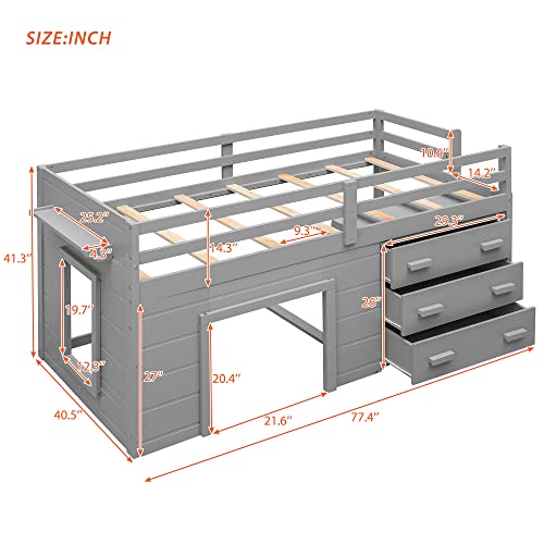 White Full Size Wood Loft Bed with Slide and Drawer Storage T708