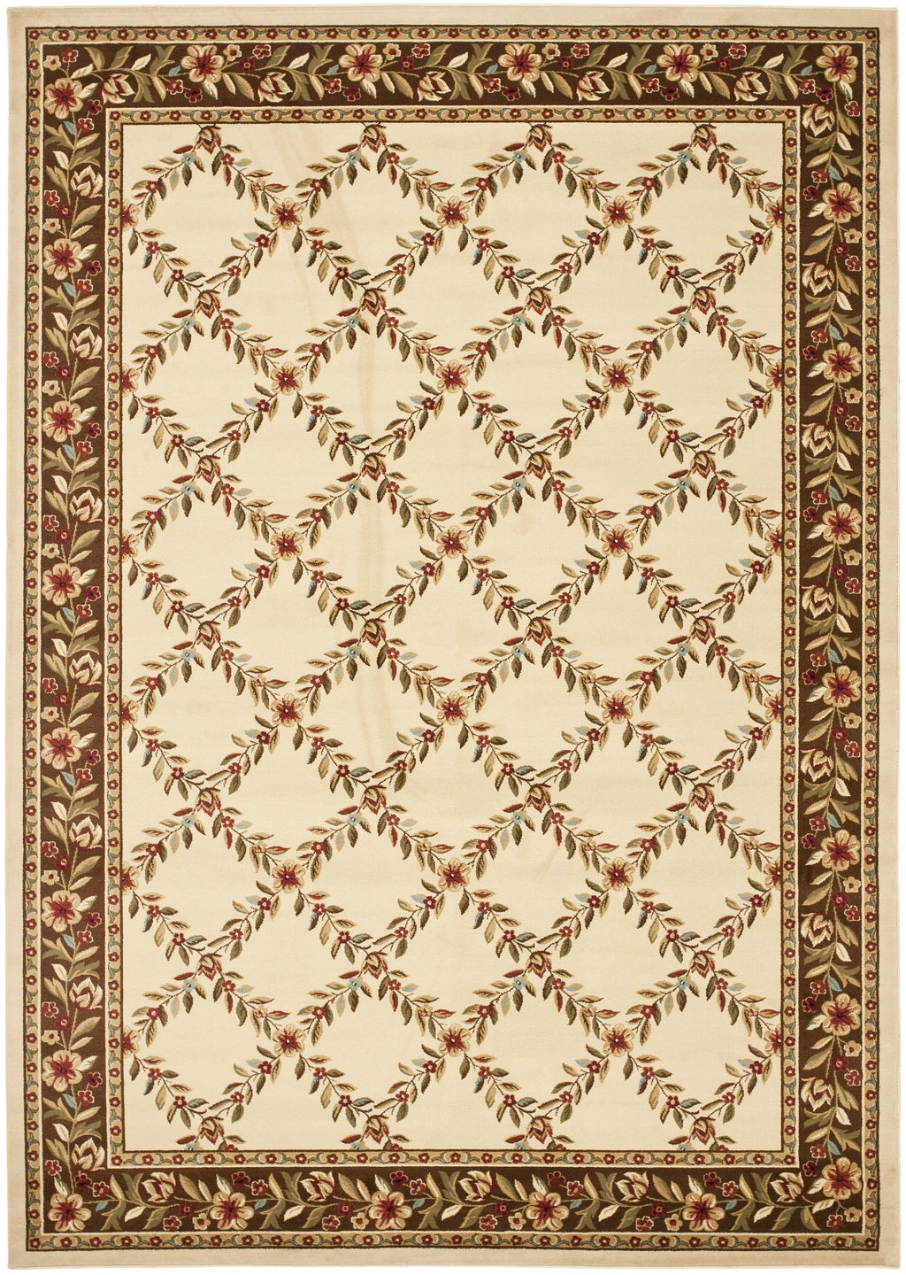 Ivory Brown Floral Border Area Rug 8'9" x 12' Z2136
