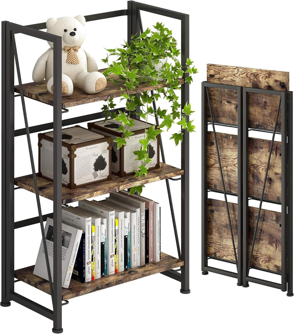 Folding Bookshelf Storage Shelves 5 Tiers with 2 Storage Drawers Brown and Black X718879