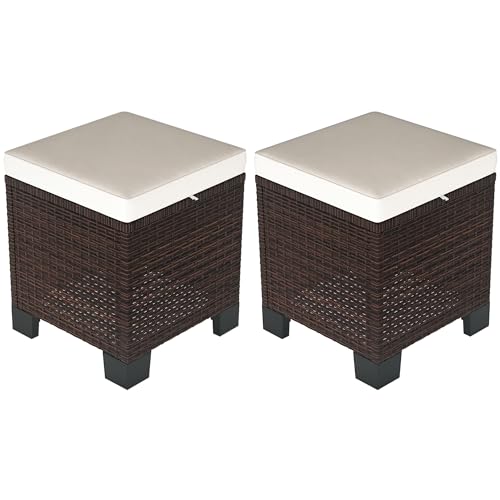 2 Pieces Cream White Wicker Outdoor Ottomans with Removable Cushions J549885