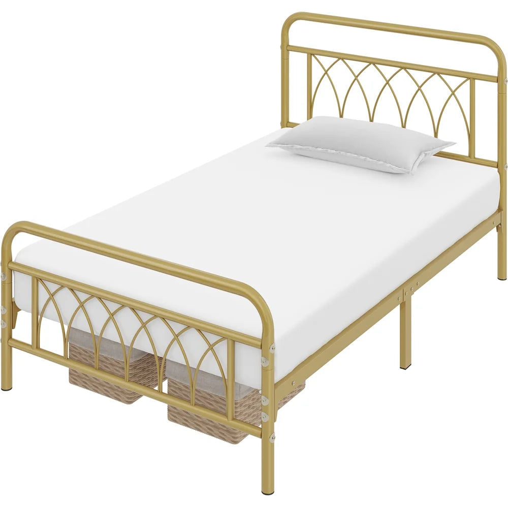 Metal Platform Bed Frame with Headboard and Footboard, Twin, Antique Gold E114