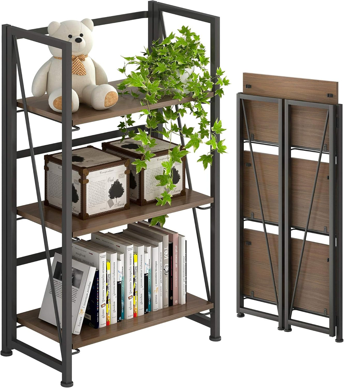 Folding Bookshelf Storage Shelves 5 Tiers with 2 Storage Drawers Brown and Black X718879