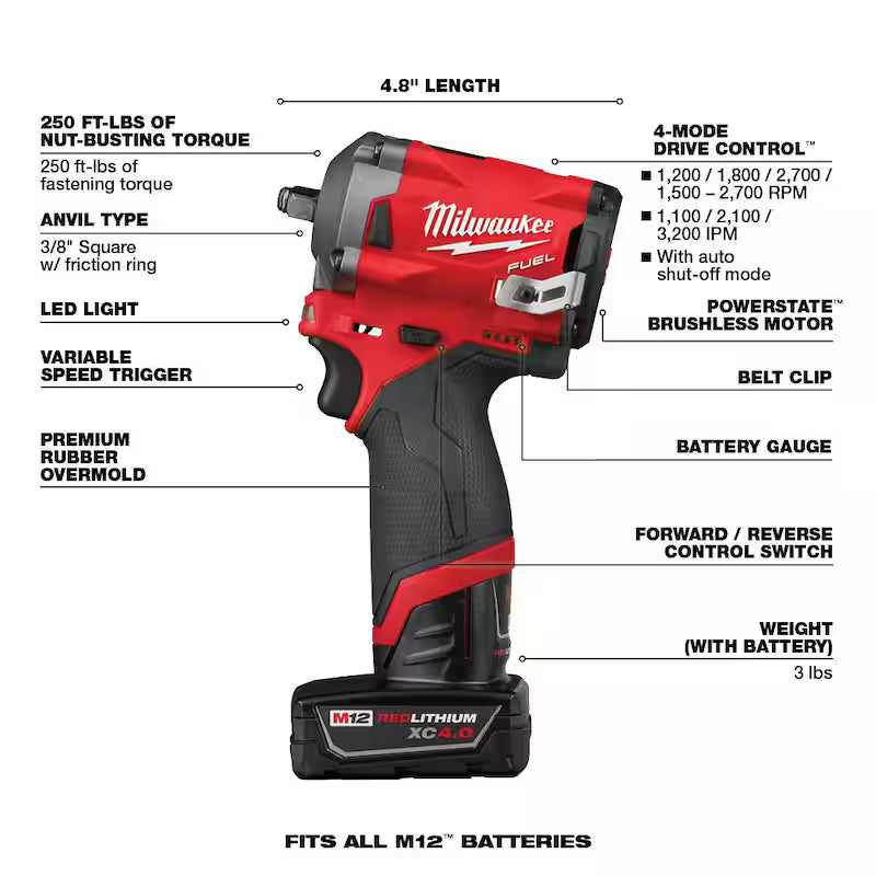 12V Lithium-Ion Brushless Cordless 3/8 in. Impact Wrench Kit & 3/8 in. Ratchet J705