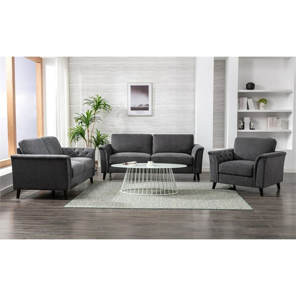 3-Piece Linen Fabric Sofa Set with Tufted Arms in Dark Gray A133418