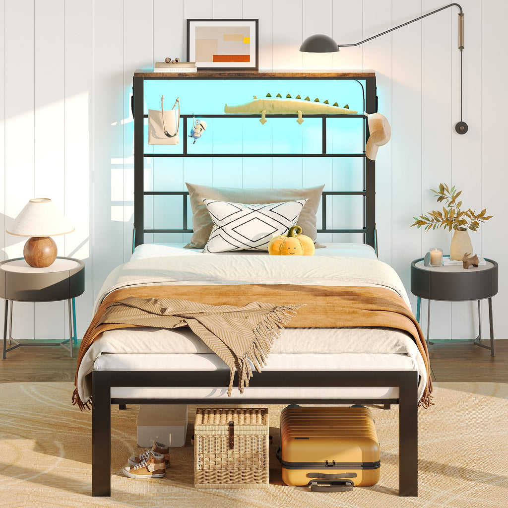 Queen Size Black Metal Platform Bed Frame with Storage Headboard R9333