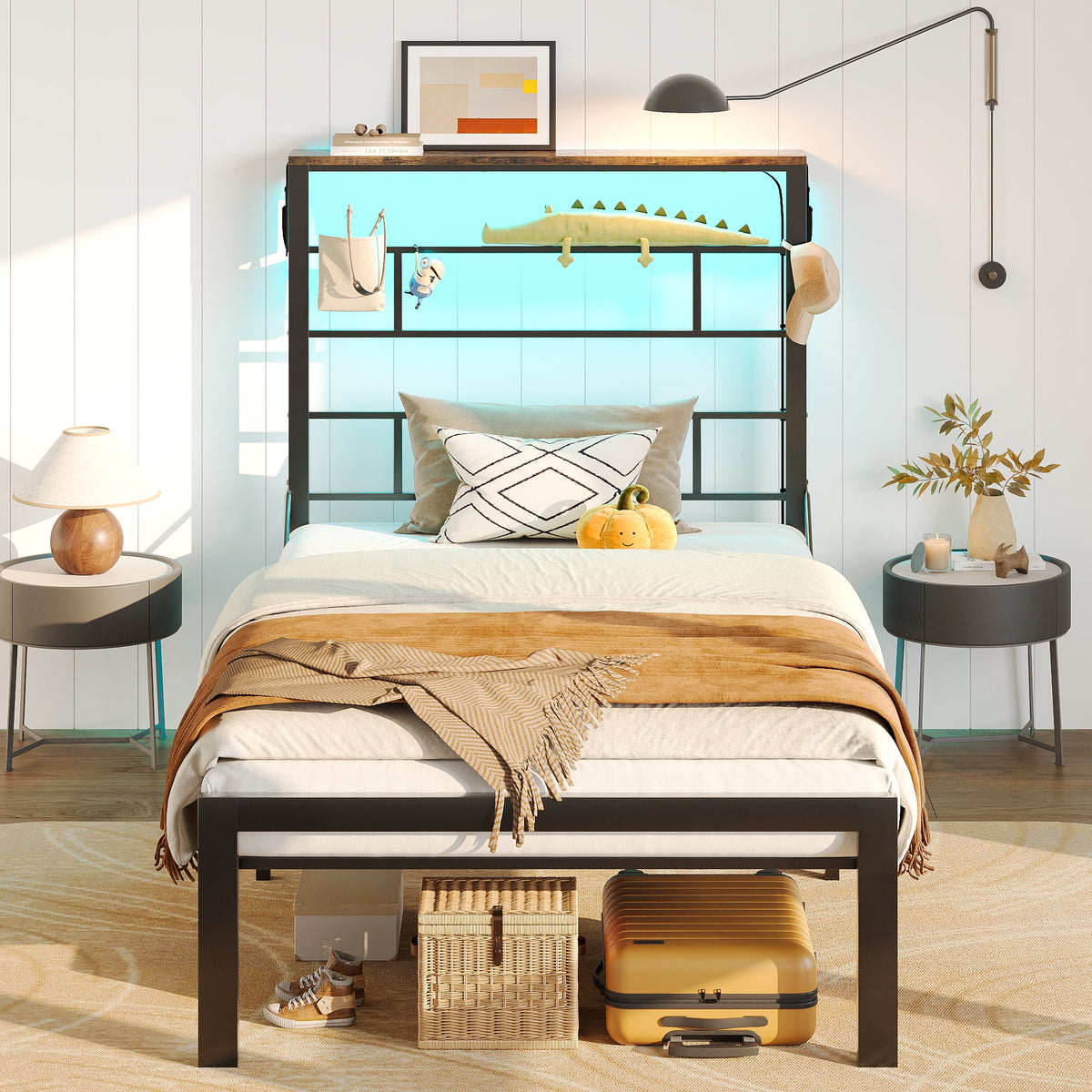 Queen Size Black Metal Platform Bed Frame with Storage Headboard R9333