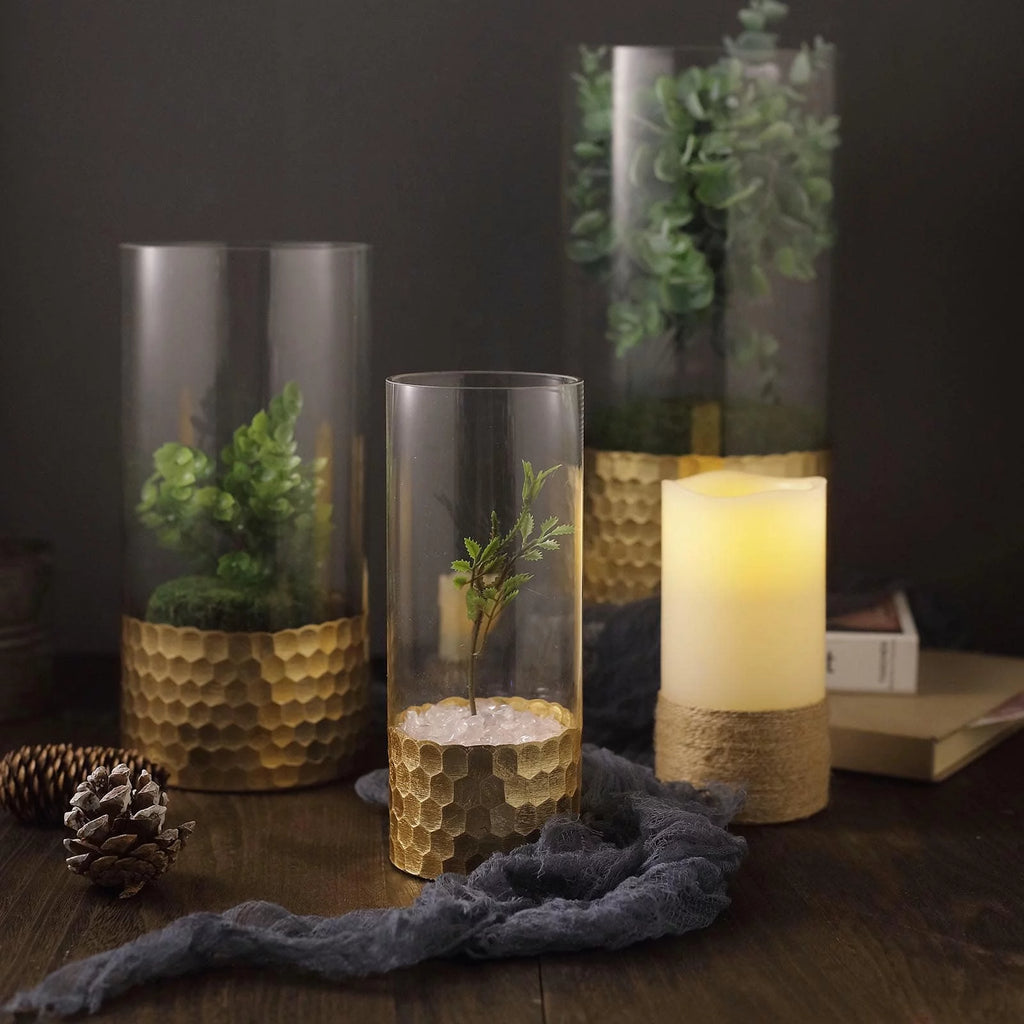 Set of 3 Glass Cylinder Vases with Gold Honeycomb Base W42653