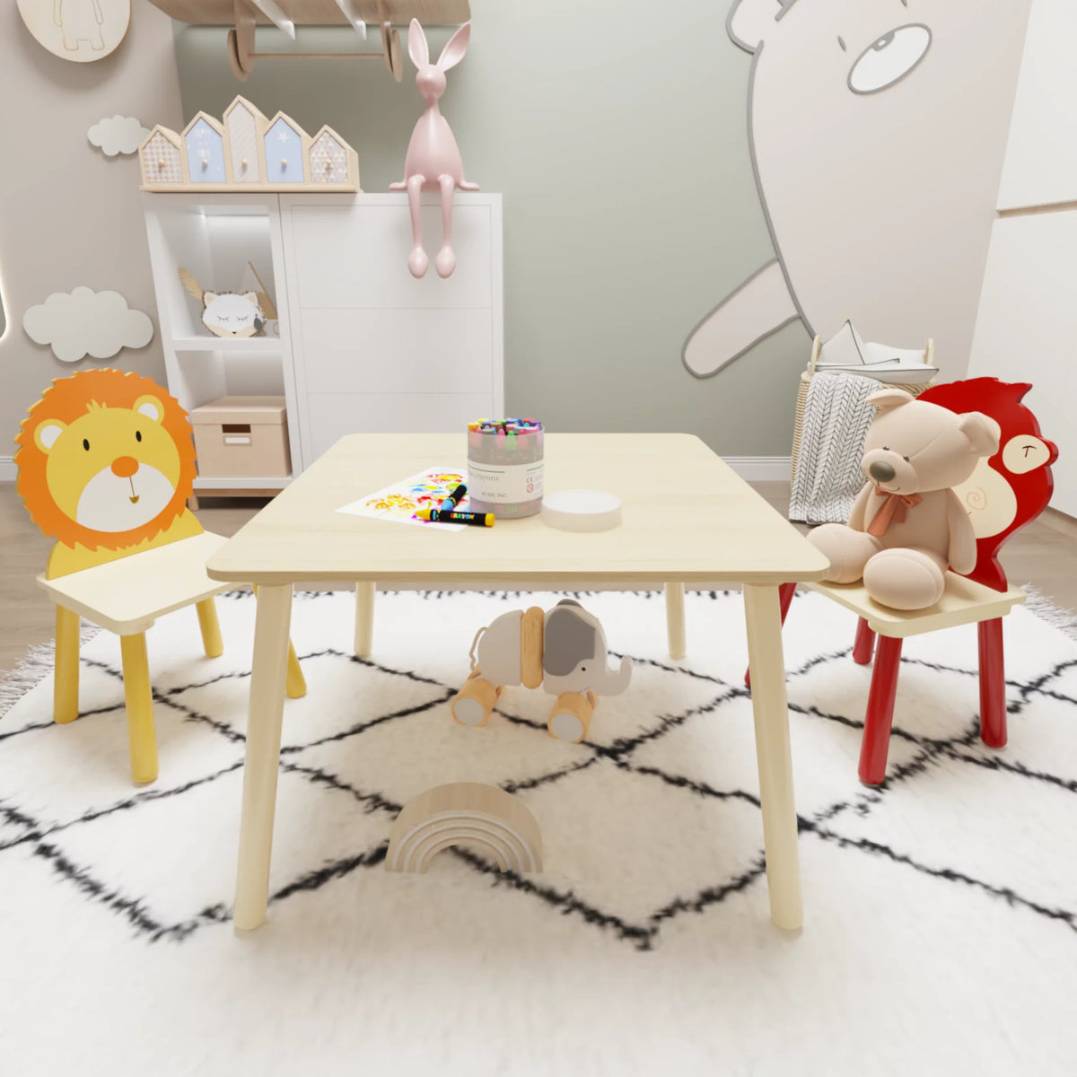 Kids Table and 2 Chairs Set, 3 Pieces Wooden Activity Play Table Set W4970